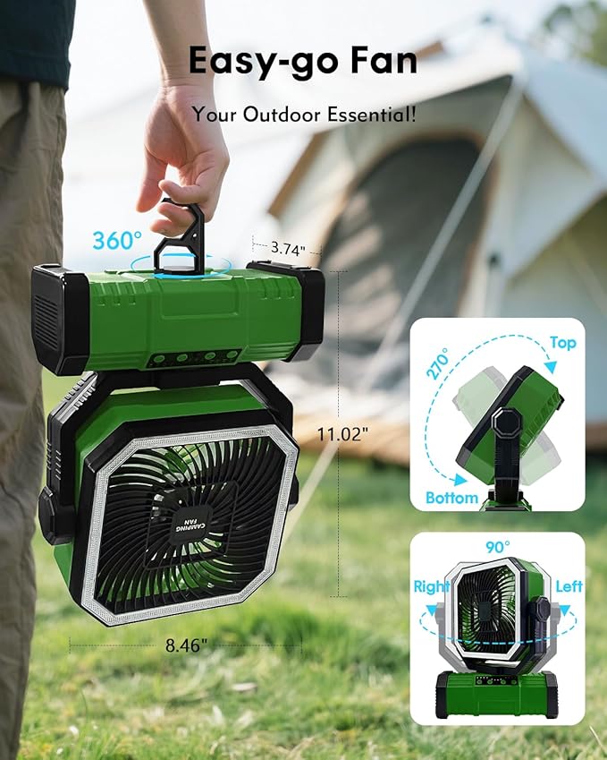 Camping Fan with Bluetooth Speaker Portable Fan,20000mAh Rechargeable Battery Powered Fans, 360° Hanging Hook for Outdoor Picnic Tent Beach Travel Barbecue, Green