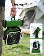 Camping Fan with Bluetooth Speaker Portable Fan,20000mAh Rechargeable Battery Powered Fans, 360° Hanging Hook for Outdoor Picnic Tent Beach Travel Barbecue, Green
