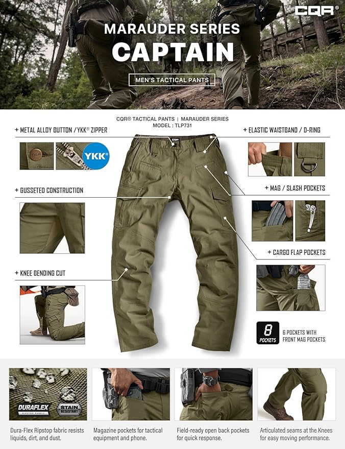 CQR Men's Flex Ripstop Tactical Pants, Water Resistant Stretch Cargo Pants, Lightweight EDC Hiking Work Pants