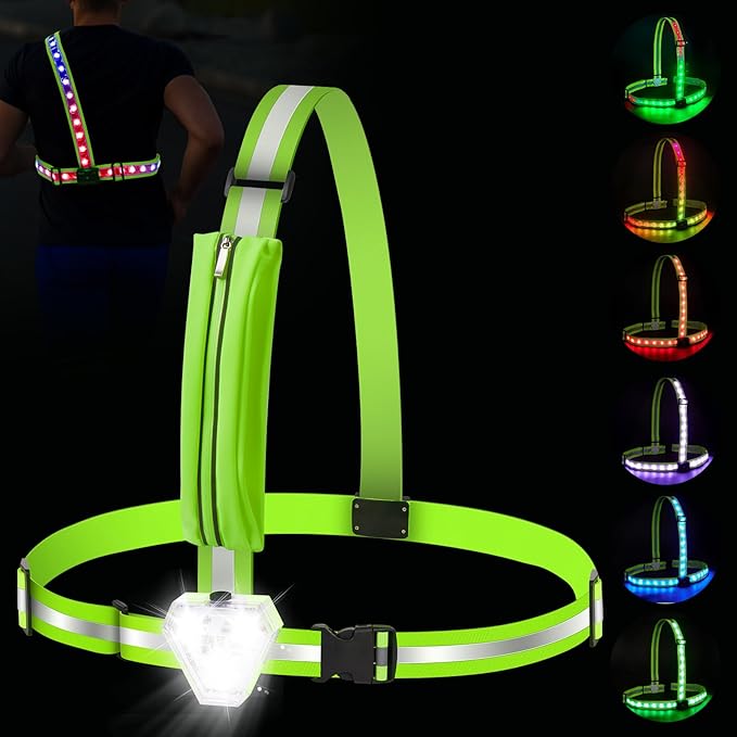 Zacro Reflective Running Vest with 9 RGB Modes, 500LM High Visibility Chest Light for Runners, Rechargeable Light Up Running Gear for Night Safety Cycling Hiking Dog Walking Adjustable for Men Women