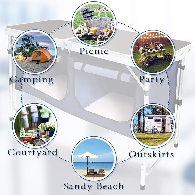 Folding Camping Table with Storage Compartment Aluminum Lightweight Camp Kitchen Table Height Adjustable Indoor/Outdoor Table Perfect for Tailgating, Backyards, BBQ,Picnic, Black