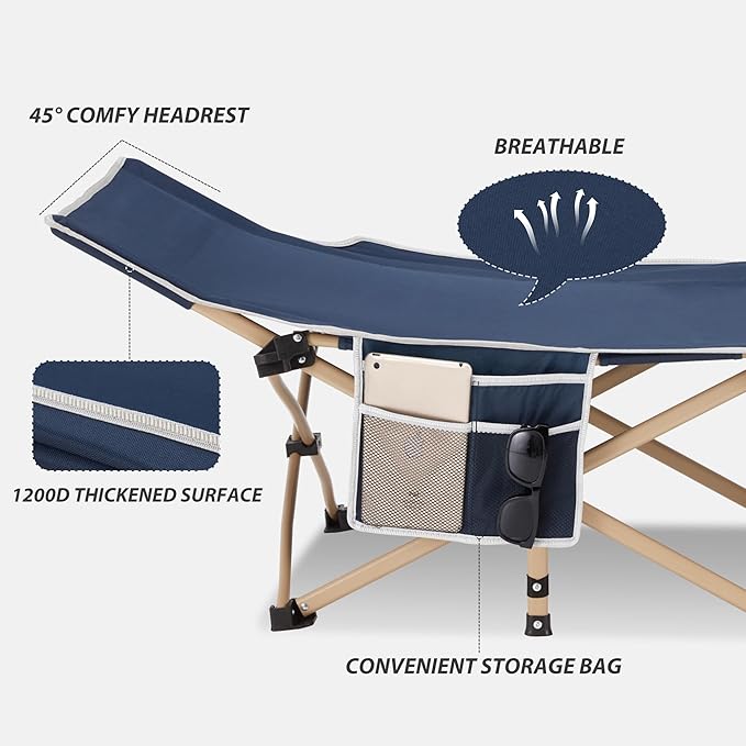 Folding Camping Cot for Sleeping, Portable Cots for Adults, Heavy Duty Cot Bed 550LBS(Max Load), Extra Wider Cots with Large Pocket for Outdoor, Office, Beach