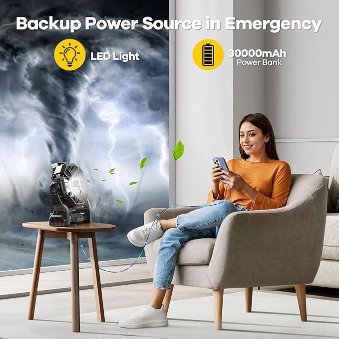 30000mAh Solar Fan with LED Lantern, 10W Solar Panel Rechargeable Battery Powered Camping Fan for Outside, 9 Inch Portable Battery Operated Hurricane Supplies for Picnic, Barbecue, Fishing, Travel