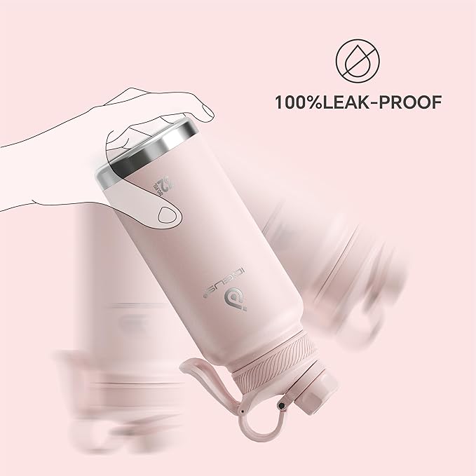 IDEUS Insulated Stainless Steel Water Bottle with 2 Leak-Proof Lids, Thermal Water Flask for Hiking Biking, 32oz, Light Pink