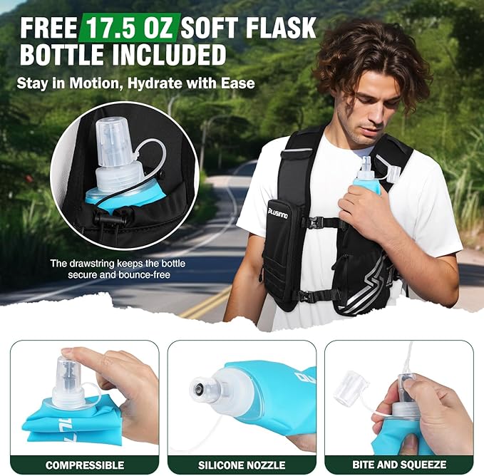 Running Vest for Women Men, Running Hydration Vest with 500ml Soft Flask & Touch-Screen Phone Pocket, Reflective Lightweight Hydration Backpack for Hiking with Adjustable Chest Waist Straps