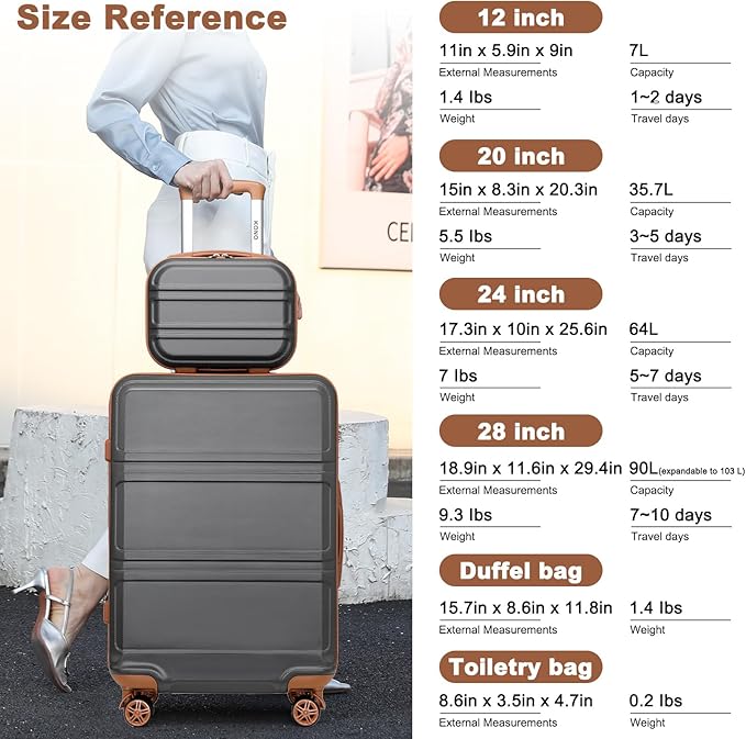 Kono Suitcase Set 3 Piece Luggage Set Expandable(only 28") Carry On Hardside Luggage with TSA Lock Spinner Wheels (Apricot Grey, 6 piece set)