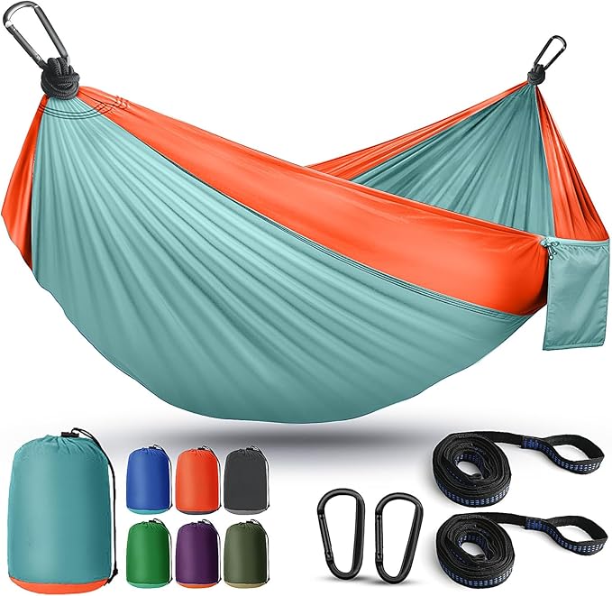 Camping Hammock Lightweight, Portable Hammocks Parachute Hammock with Two Tree Straps, Single or Double Travel Swing Nylon Camp Hammocks, Outdoor Essentials for Beach Backpacking Hiking, Orange