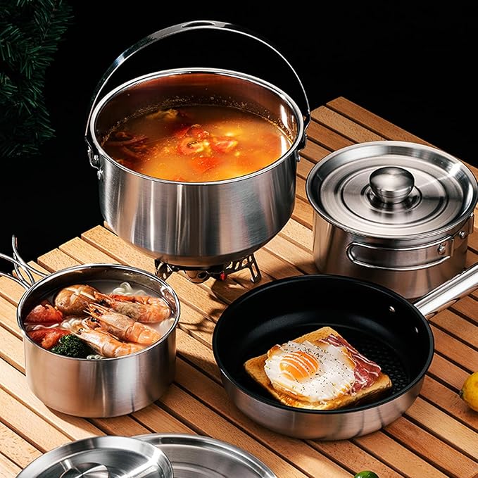 7PCS Camping Cooking Set,Camping Cookware Mess Kit,304 Stainless Steel Camping Cookware with Travel Tote Bag for Camping Outdoor Cooking & Picnic,RVs