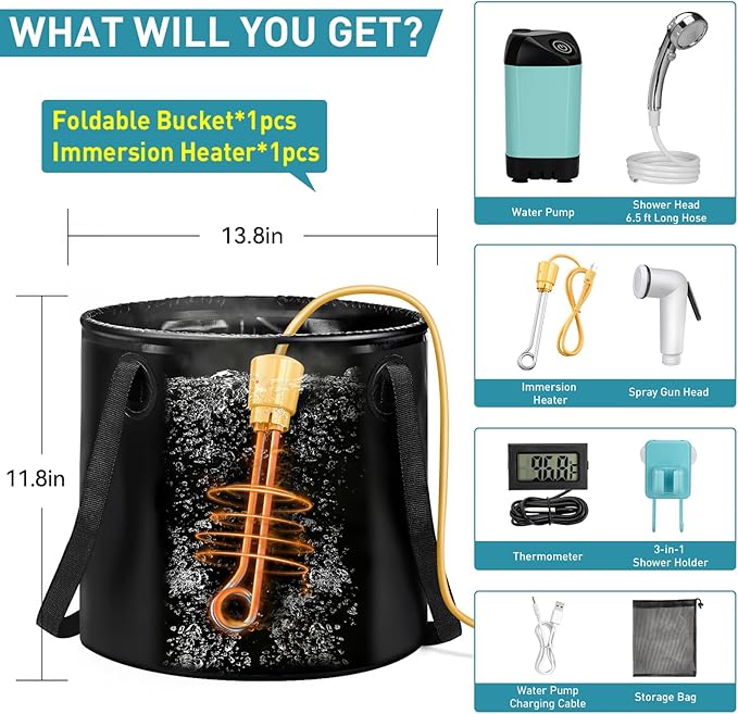 Portable Shower for Camping with Immersion Water Heater, Rechargeable Camping Shower Pump, Outdoor Hot Shower with 6.6 Gallons Folding Bucket for Camping, Hiking, Traveling, Washing