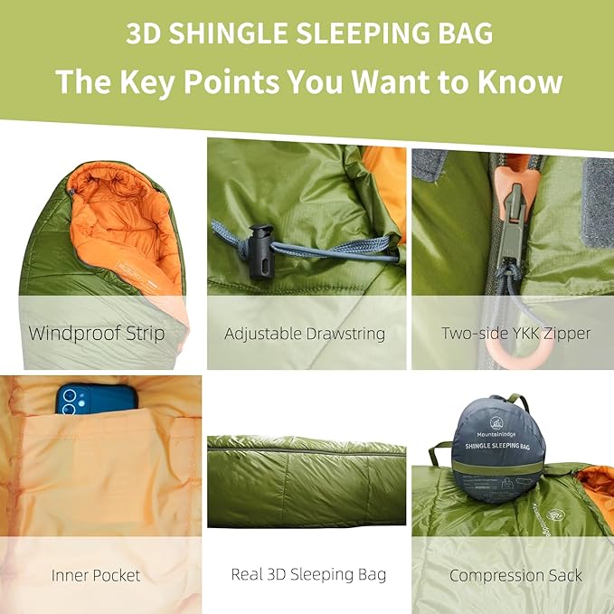 3-4 Seasons Shingle Sleeping Bag 15℉ with Inner Pocket for Adult,Perfect for Backpacking,Traveling and Hiking,Including Free Compression Stuff Sack.