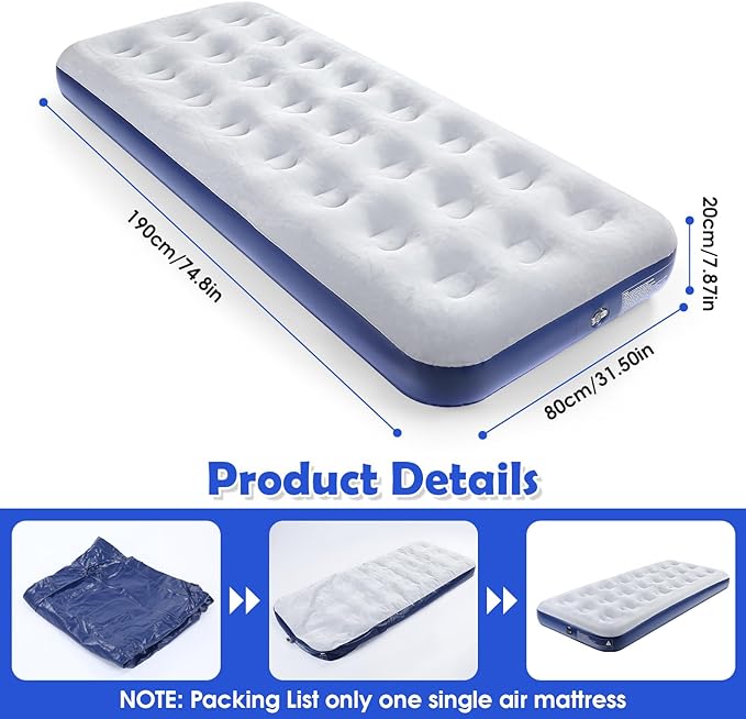 Camping Air Mattress Inflatable Air Bed Flocked Surface Travel Bed Sleeping Pad Air Bed for Outdoor Camping Tent Guest Travelling(2 PCS)