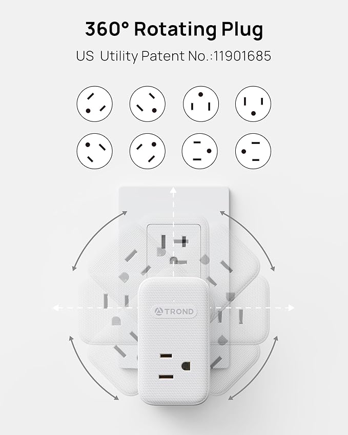 TROND Outlet Extender with 2 PD 20W USB C Charger, 3 AC Multi Plug Outlet Splitter with 360 Rotating Plug, USB Wall Socket Adapter, A Small Charging Station for Kitchen Bathroom Cruise Essentials