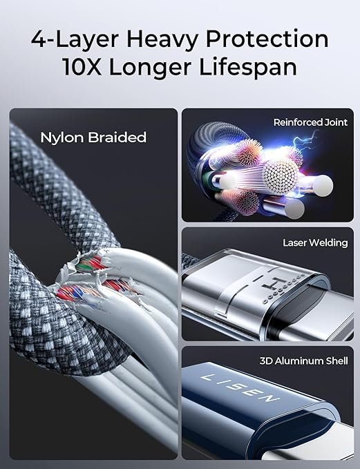 LISEN for MacBook Pro Charger Cord 10FT 240W USB C Charger Fast Charging Cable【Safety Max Power Charging】 Compatible with MacBook Pro/Air M5 M4 M3 M2 M1, iPad Air Pro M5 M4,10ft/1 Pack/Midnight