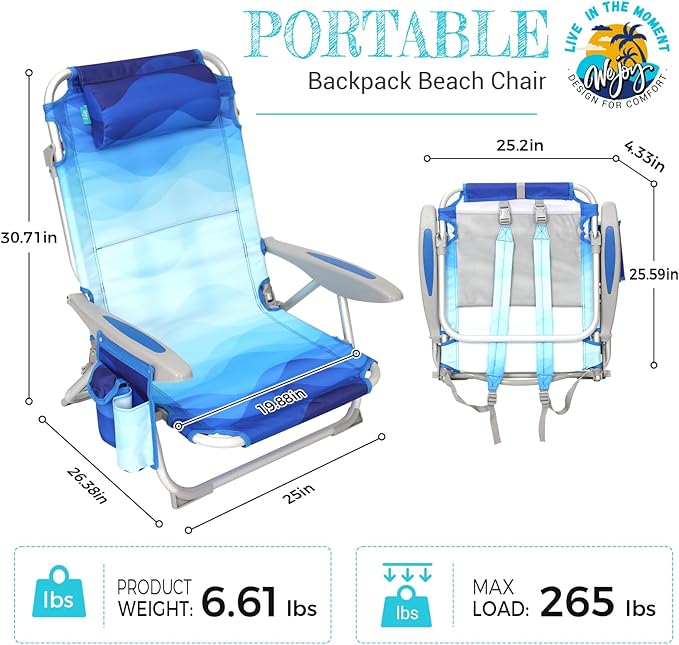 #WEJOY Folding Beach Chair for Adults, 4-Position Aluminum Lightweight Beach Chair, Low Sands Chairs with Shoulder Strap, Cup Holder and Padded Headrest, Supports 265lbs for Lawn