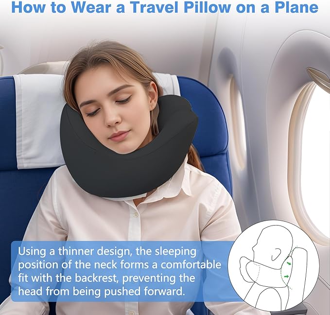 Neck Pillow Airplane, 2025 Upgraded Memory Foam Travel Pillow for International Flights, Adjustable Clasp, Storage Bag, Advanced Neck Support for Road Trips, Home, Office, and Gaming