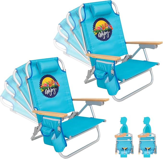 #WEJOY Folding Beach Chair for Adults, 4-Position Aluminum Lightweight Beach Chair, Low Sands Chairs with Shoulder Strap, Cup Holder and Padded Headrest, Supports 265lbs for Lawn