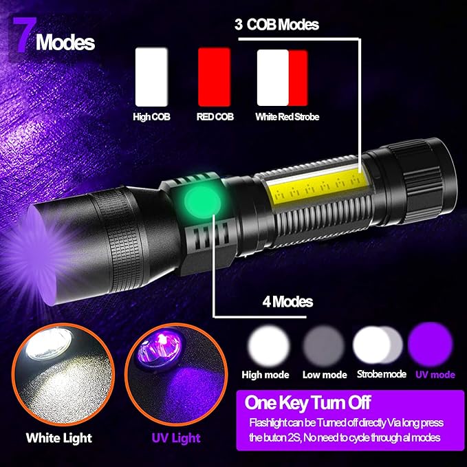 Black Light UV Flashlight Rechargeable, 3in1 Super Bright Tactical Flashlights LED UV Black Light &Redlight, 2000Lumen 7Modes, Zoomable, Waterproof Pocket Flashlight for Pet Stains Detection,Camping