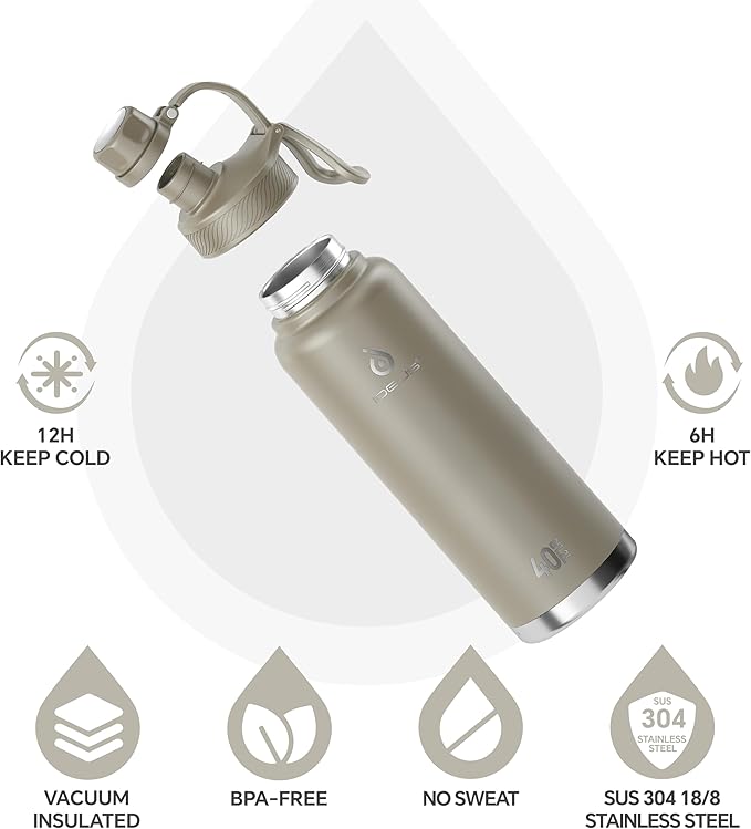 IDEUS Insulated Stainless Steel Water Bottle with 2 Leak-Proof Lids, Thermal Water Flask for Hiking Biking, 40oz, Celadon