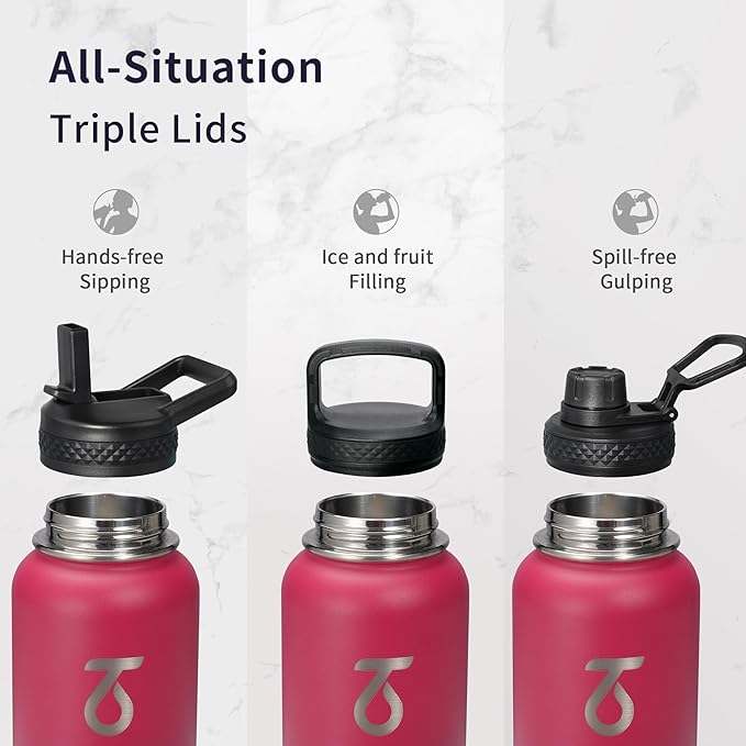 Trebo 32oz Water Bottle Insulated with Paracord Handle and Straw,Vacuum Double Wall Stainless Steel Water Jug Keep Cold 48 Hours, Water Flask with 3 Lids for Men Women Sports,Travel,Ruby Red