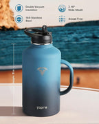 64oz Water Bottle Insulated with Handle,Double-Wall Vacuum Stainless Steel (Cold for 48 Hrs), Half Gallon Water Jugs,Reusable Metal Water Flask with Carry Pouch,Straw & Spout Lid,Indigo Black