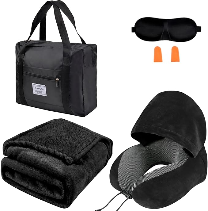 Travel Blanket Pillow Set - Travel Neck Pillow & Blanket for Airplane, Thick Fleece Plane Blanket, Hooded Memory Foam Neck Pillows, Foldable Duffel Bag, Sleep Mask, Earplugs for Plane Traveling, Black
