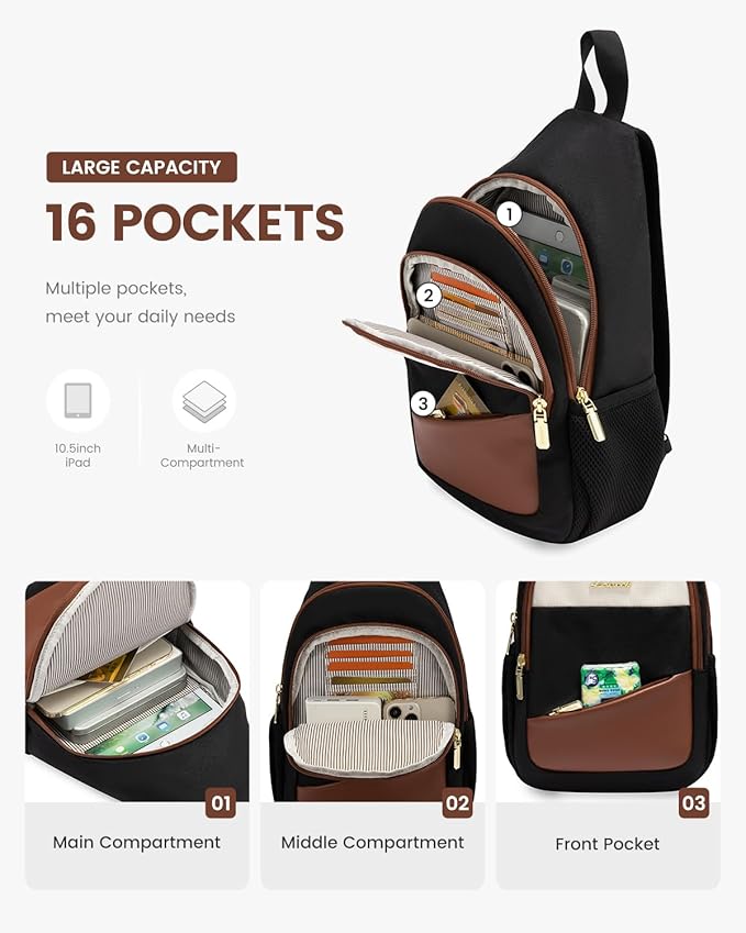 LOVEVOOK Sling Bag for Women, Convertible Sling Backpack, Small Water-resistant Daypack, Travel Chest Bag, Black, Brown, Beige