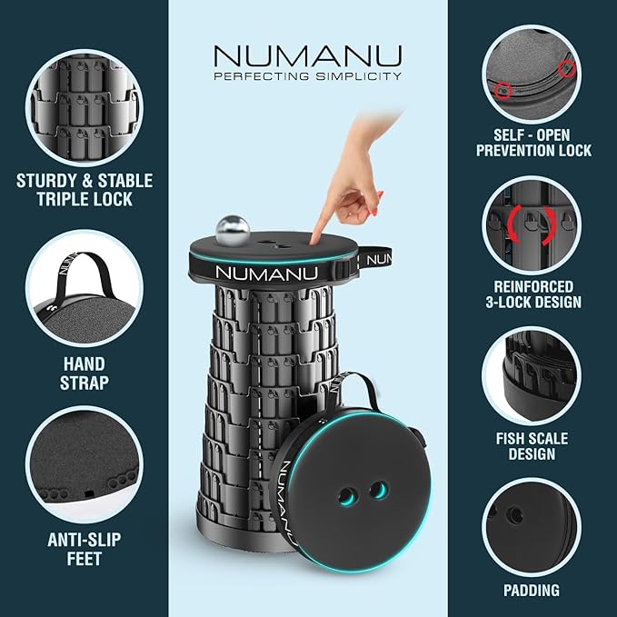 NUMANU 2026 Upgraded Padded Collapsible Stool, Max 620lbs 2.5"-18" H Adjustable Portable Folding Stool for Adults, Retractable Foldable Telescopic Seat Camping Chair or Footrest