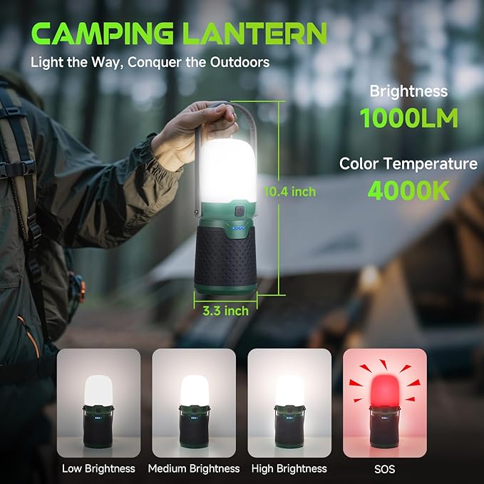 4 in 1 Modular Rechargeable Camping Lantern, Portable LED Flashlight, Outdoor Camp Fan, 4400mAh Power Bank, IPX4 Waterproof Camping Essentials Set for Emergency, Hiking, Fishing