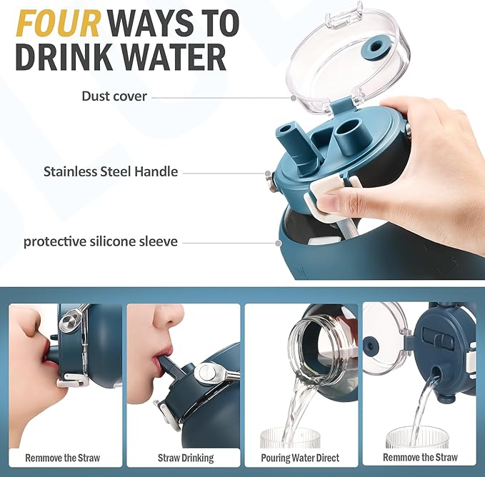 BLUEGO 84oz Water Bottle Glass with Stainless Steel Handle Large 2.5l Water Bottle with Time Markers and Silicone Sleeve Half Gallon Water Jug BPA Free for Gym Daily Use, Dark Blue