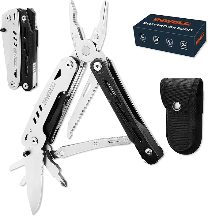 12-in-1 Multitool Pliers with Safety Lock, Fire Starter & Whistle, Stainless Steel Pocket Knife, Camping Multitool with Detachable Scissors for Outdoor Survival, EDC Gear