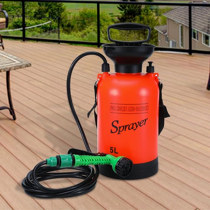 SearQ Portable Camping Shower with 7 Spray Modes, Hand Press Shower with Removable Hose and Head, Pressure Rinse Kit for Hiking, Traveling, Garden, Beach, Pet