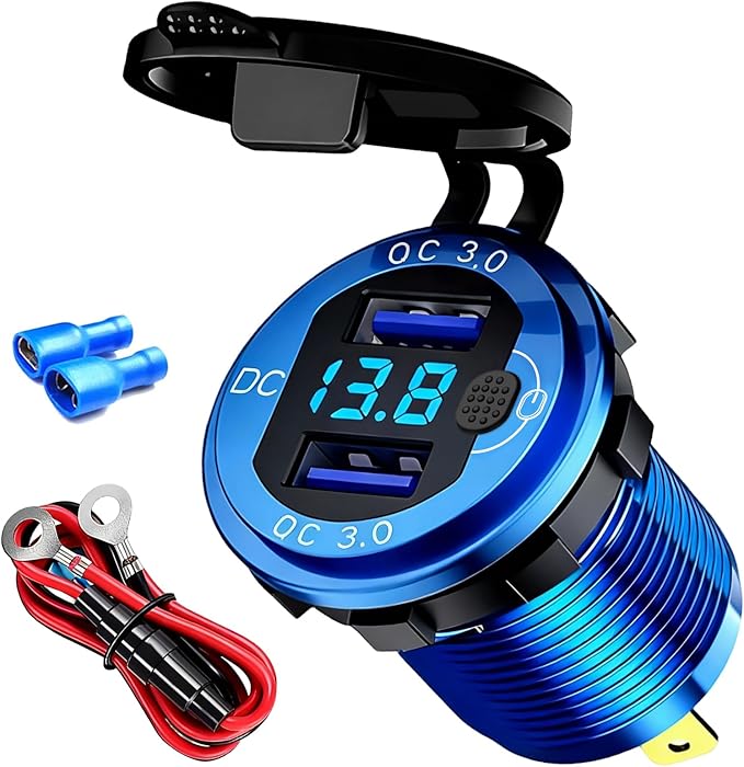 12V Flush Mount Car Charger, Aluminum Metal Body with LED Voltmeter and Switch, Dual QC3.0 USB Port for Marine, RV, Motorcycle & Panel Mounting (Blue)