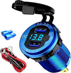 12V Flush Mount Car Charger, Aluminum Metal Body with LED Voltmeter and Switch, Dual QC3.0 USB Port for Marine, RV, Motorcycle & Panel Mounting (Blue)