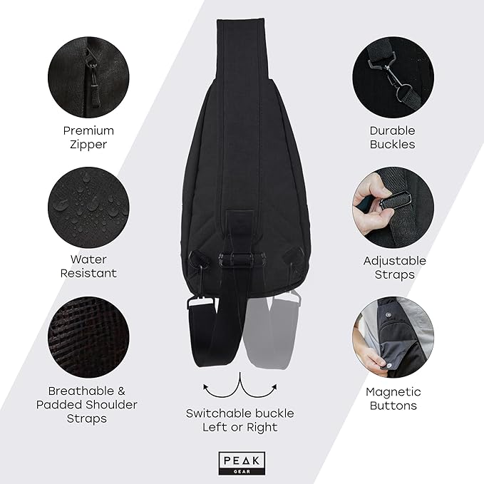 Peak Gear Travel Sling Bag. Compact Crossbody Bag | Lighter and Smaller than a Backpack | Lifetime Lost & Found ID Tag