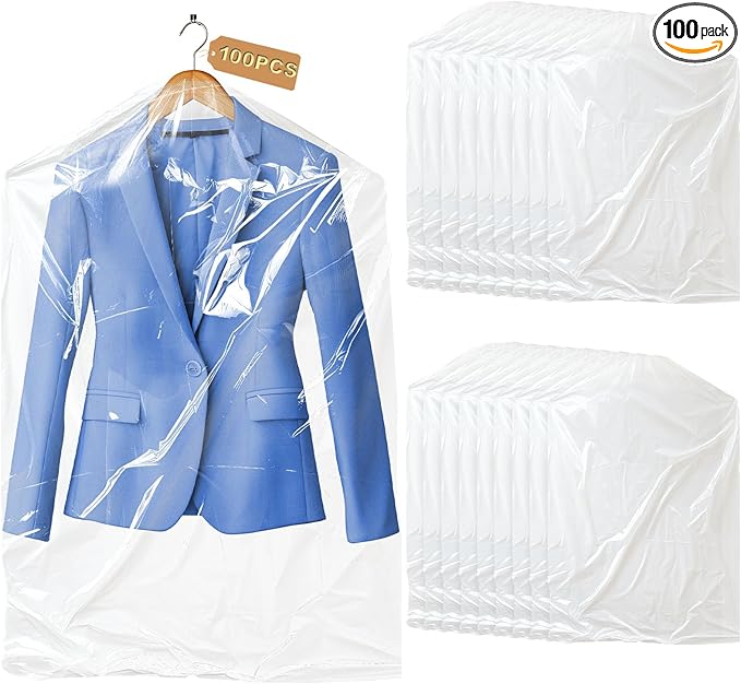 100 Pack Clear Garment Bags for Clothes, Gretchin,(Set of 100, 60x90cm), Plastic Garment Bags Dry Cleaner Bags Plastic Clear Dry Cleaning Bags for Hanging Clothes Storage
