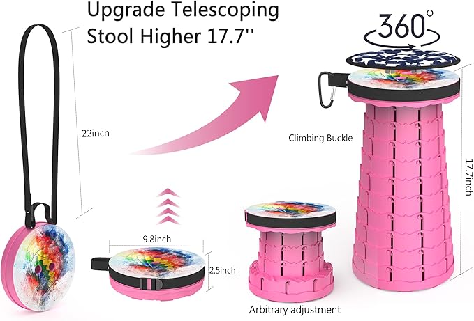 ALEVMOOM Upgraded Telescoping Collapsible Stool with Cushion, Folding Stool with Printing Portable Retractable Foldable Seat Max Load 550lbs for Adults Camping Fishing Outdoor