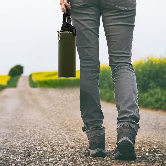 Volhoply Insulated Water Bottles Bulk 8 Pack, 40 oz Stainless Steel Sports Bottle with Paracord Handle & Spout, Vacuum Metal Travel Cups with Wide Mouth,Reusable Large Water Cup(Army Green,4 Set)