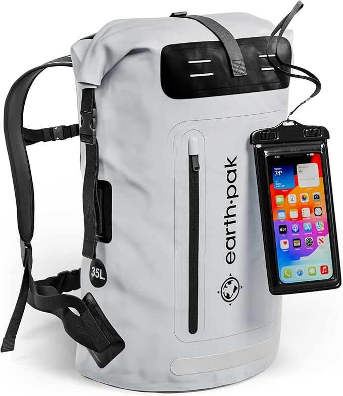 Earth Pak Waterproof Backpack - Heavy Duty Hiking Backpack - Roll-Top Closure Bag - Cushioned Dry Bag Waterproof Phone Case