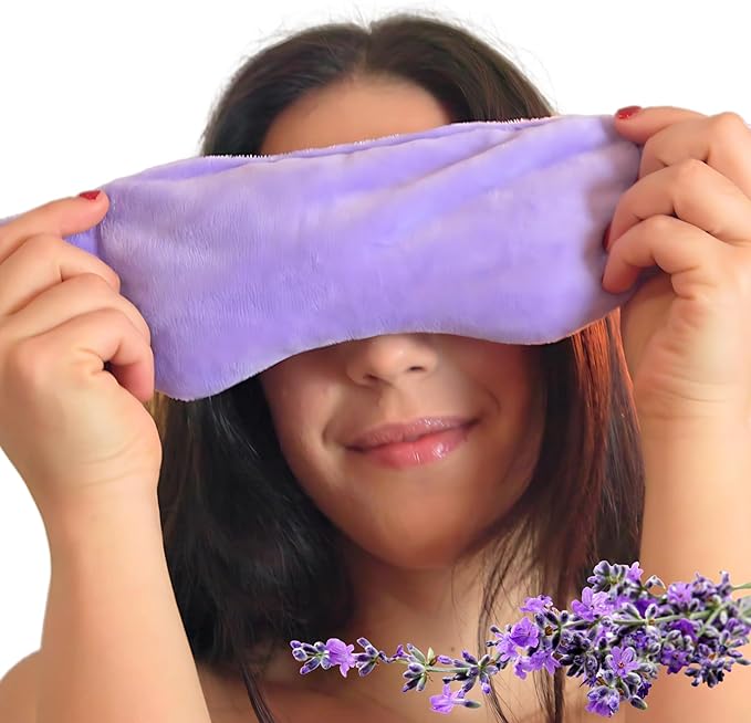 Weighted Lavender Eye Mask - Microwavable Sleep Mask with Natural Lavender & Flaxseed for Stress Relief, Headaches, Dry Eyes, Migraine Relief - Adjustable Strap, Soft & Reusable