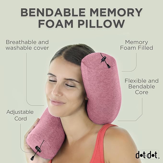 Dot&Dot Twist Memory Foam Travel Pillow for Airplanes - Travel Neck Pillow for Sleeping - Airplane Pillow for Neck Support, Chin, Lumbar and Leg - Adjustable, Bendable Neck Roll Pillow