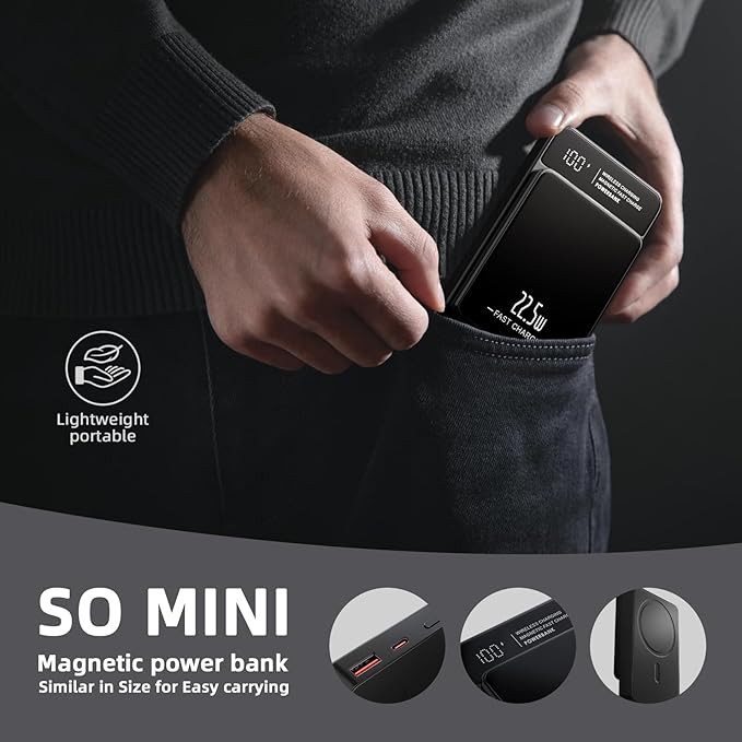 Magnetic Power Bank, 10000mAh Magnetic Portable Charger, 22.5W Wireless Power Bank, USB-C Fast Charging, LED Display Magnetic Battery Pack, Compatible for iPhone 17/16/15/14/13 Pro/Pro Max/Plus(Black)