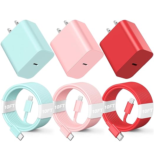 3Pack 10FT Long ightning Cable,20W Fast Charging Phonne ightning Cable Phone Charger Cord for Phone 14/13/12/12 Pro Max/11/Xs Max/XR/X,AirPods Pro,Pink/Green/Red