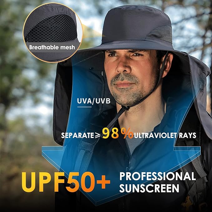Fishing Hat for Men&Women,Outdoor UV Waterproof Wide Brim Bucket Hat,UPF50+ Sun Hat with Neck Flap