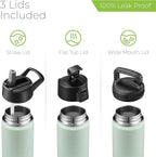 SipX™ Triple-Insulated Stainless Steel Water Bottle 18oz. With 3 Lids, BPA-Free Reusable Insulated Water Bottle Keeps Cold 24 Hours, (Green)