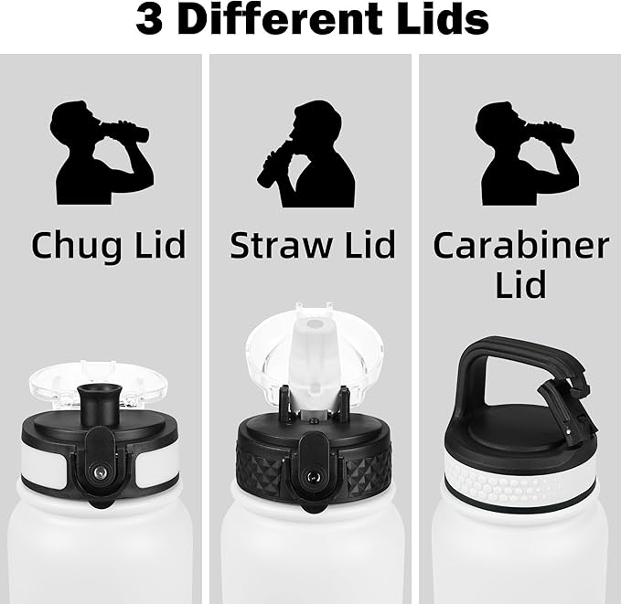 OLDLEY Insulated Water Bottle 32oz Water Bottles with Straw, Stainless Steel Water Bottle with 3 Lids, Double Wall Vacuum Bottles for Adult Kids, Sports Bottles for School Travel,White