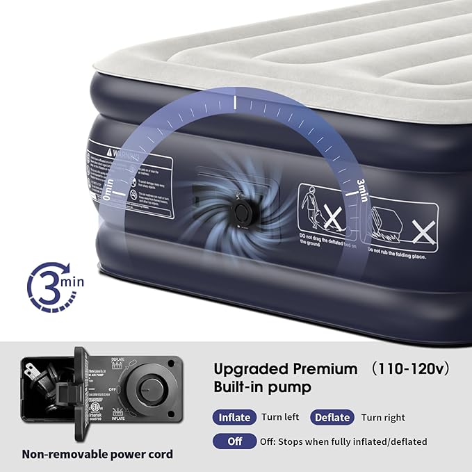 Twin Air Mattress with Built in Pump Raised,18''Inflatable Mattress of Upgraded Vertical Beams,Self Inflatable Blow Up Mattress in 3 Mins,Flocked Top Airbed with Carry Bag for Home,Camping