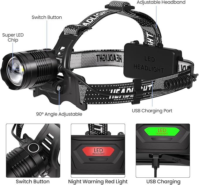 LED Headlamp Rechargeable 2Pack, 99000 Lumens Bright Head Lamp, 90° Adjustable Head Lights for Forehead with 3 Modes, Long Runtime & Waterproof Headlamps for Adults Camping Hiking