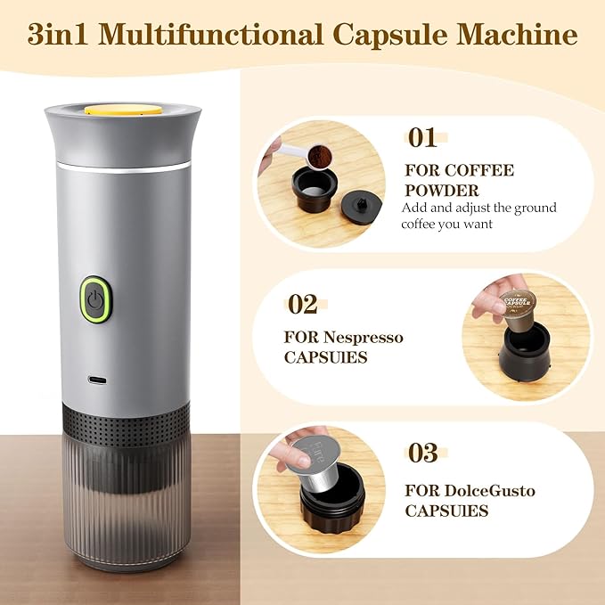 Portable Espresso Maker, Travel Coffee Maker for camping, Portable Espresso Machine with USB-C, 3-in-1 Small Espresso Machine with Ground Coffee & Capsules (NS＆DG) for RV, Hiking, Office (Silver)
