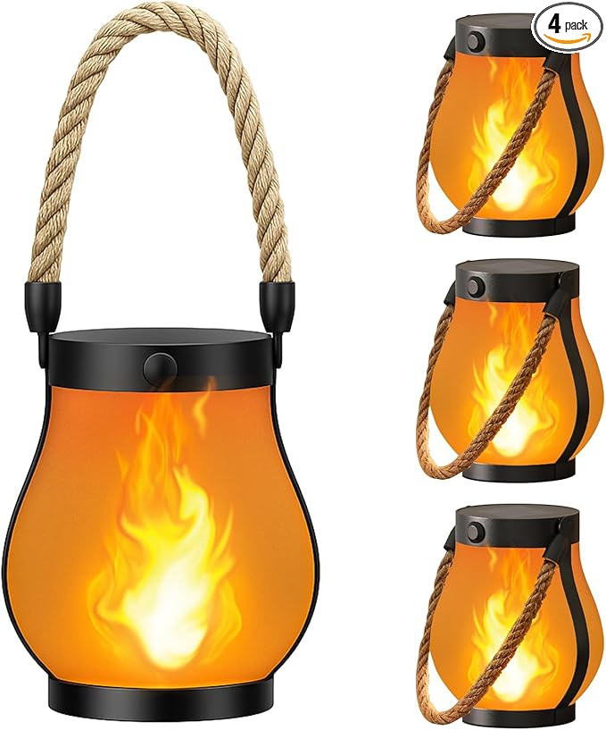 Hompavo Gen2 Solar Lanterns Outdoor Waterproof with Realistic Flickering Flame, Dual Charging (USB/Solar) & 2 Modes - Decorative Hanging/Table Lights for Yard Patio Garden Halloween Christmas Decor, 4