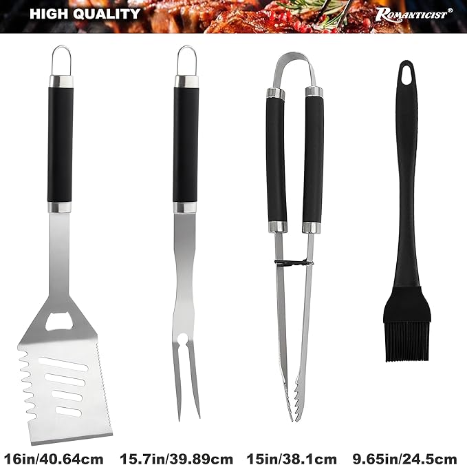 ROMANTICIST 20pcs Heavy Duty BBQ Grill Tool Set in Case - The Very Best Grill Gift for Father's Day and Christmas - Professional BBQ Accessories Set for Outdoor Cooking Camping Grilling Smoking, Black